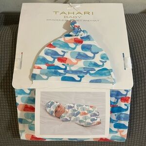 NWT whale baby swaddle blanket and baby hat- size 30x40”